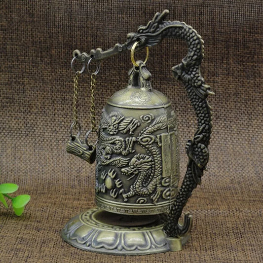 Lock Dragon Carved Buddhist Good Luck Bell – Metal Geomantic Altar Supply for Meditation