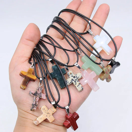 Natural Stone Cross Pendant Necklace – Healing Crystal Charm on Sweater Chain for Women